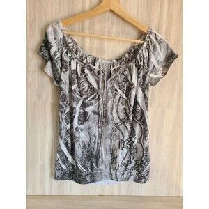 Black White Off Shoulder Blouse Womens Small Abstract Rose Snakeskin Made USA